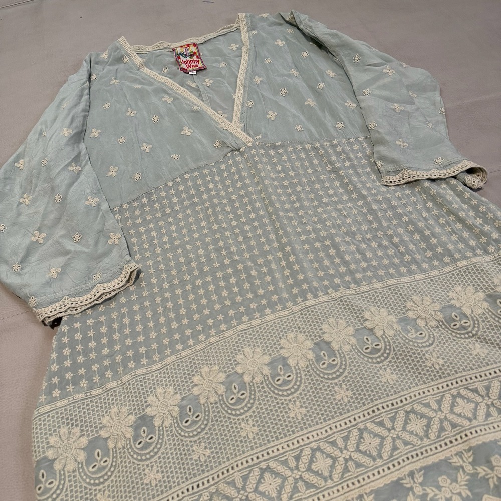 Johnny Was Blue Embroider Eyelet Rayon V-Neck Cottage Prairie Tunic Dress-S-6398 - Picture 5 of 10